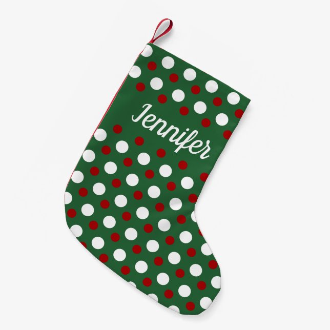 Personalised Modern Green Red Pattern Small Christmas Stocking (Front (Hanging))