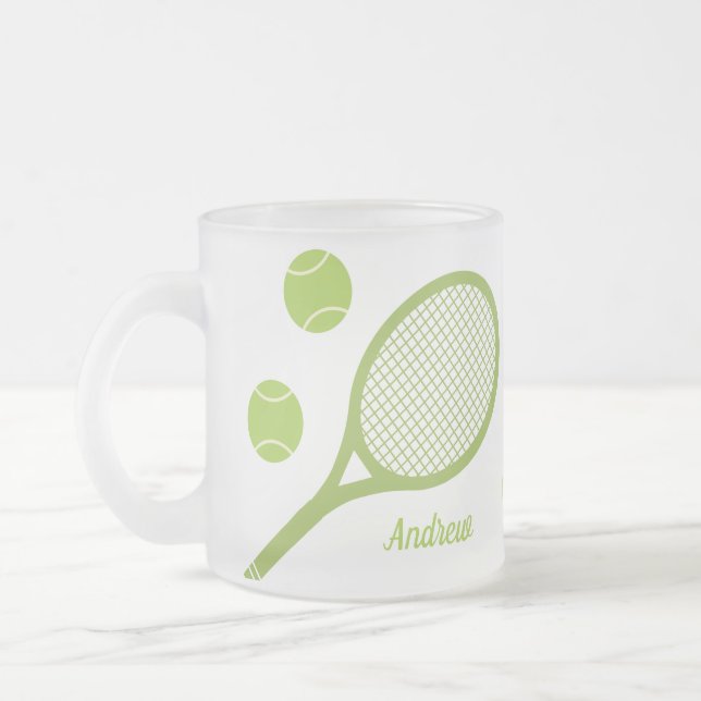 Personalised Modern Green Tennis Ball Racket Frosted Glass Coffee Mug (Left)