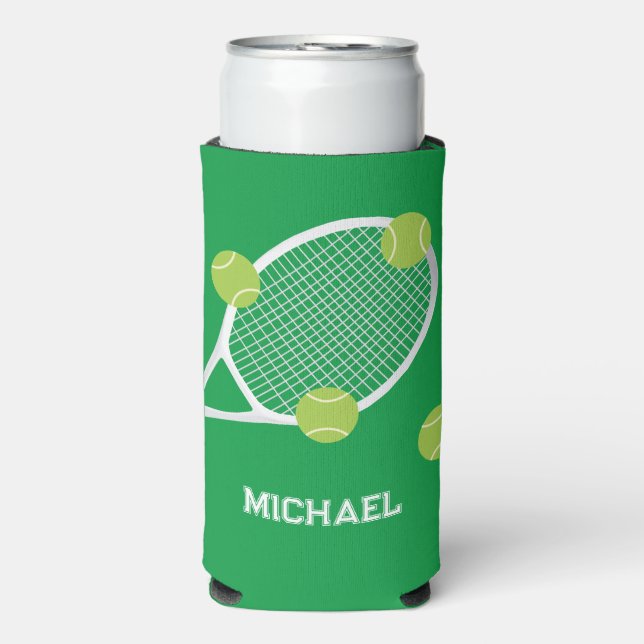 Personalised Modern Green Tennis Racket Ball Seltzer Can Cooler (Seltzer Front)