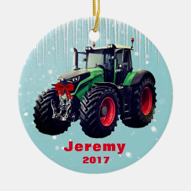 Personalised Modern Green Tractor "Christmas 20XX" Ceramic Tree Decoration (Front)