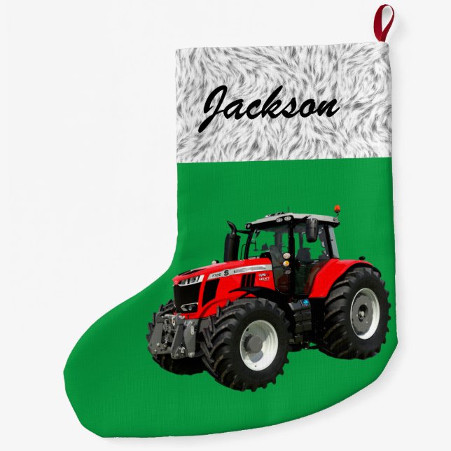 Personalised Modern Green Tractor Large Christmas Stocking (Back)