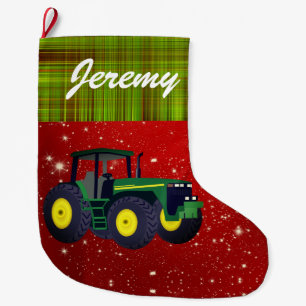 Personalised Modern Green Tractor Large Christmas Stocking