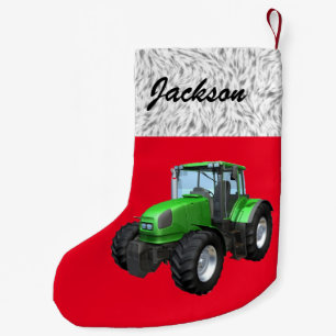 Personalised Modern Green Tractor on Red  Small Christmas Stocking
