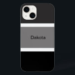 Personalised Modern Grey Black White Stripe Name Case-Mate iPhone 14 Case<br><div class="desc">Modern,  cool and stylish personalised cell phone case with a grey,  black and white stripe pattern. Large black and grey stripes with small white stripes. Personalised with your name printed in a black text.</div>