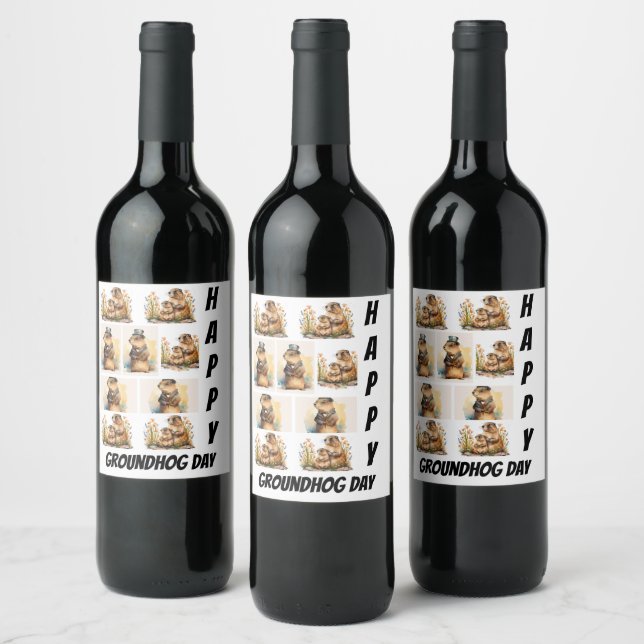 Personalised Modern Groundhog Day 9  Photo Collage Wine Label (Bottles)