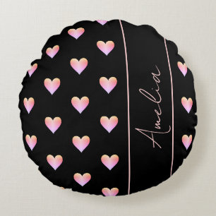 Personalised Modern Hearts Black Pink Round Cushion