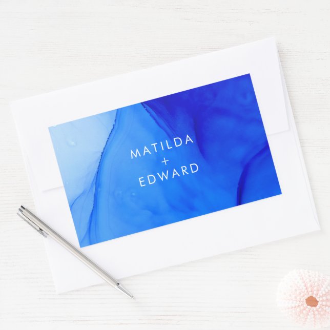 Personalised Modern Ink Abstract Blue Wedding  Rectangular Sticker (Envelope)