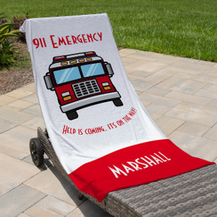 Personalised modern kids  firetruck Beach Towel