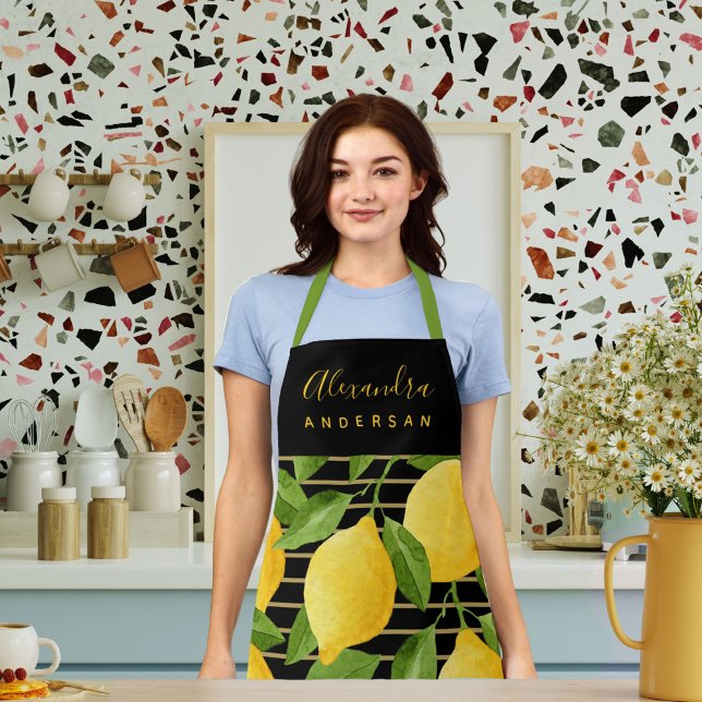 Personalised Modern Lemon Citrus Pattern Apron (Lemon Citrus Watercolour Script Name Stylish Chef Apron)