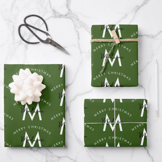 Personalised Modern Merry Christmas Green Monogram Wrapping Paper Sheet (Front)