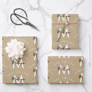 Personalised Modern Merry Christmas Kraft Monogram Wrapping Paper Sheet