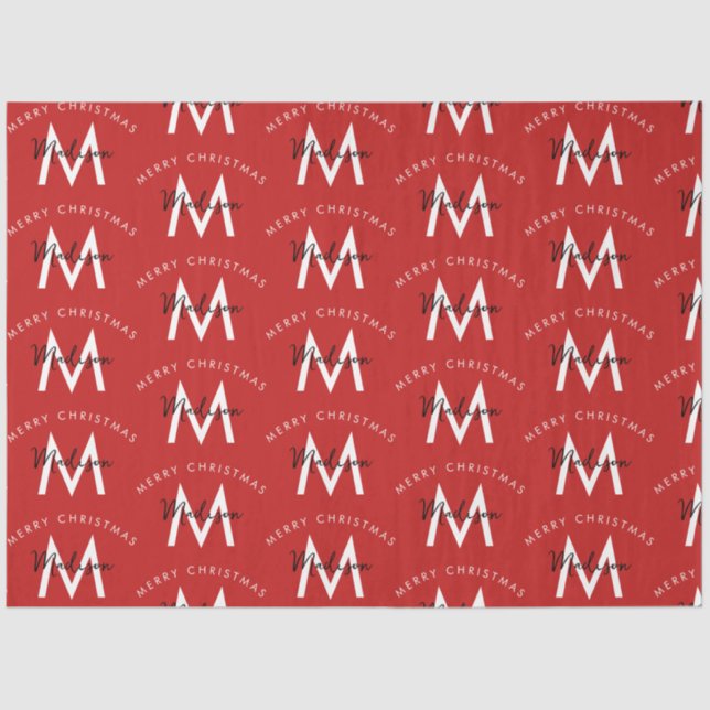Personalised Modern Merry Christmas Red Monogram Tissue Paper (Front)