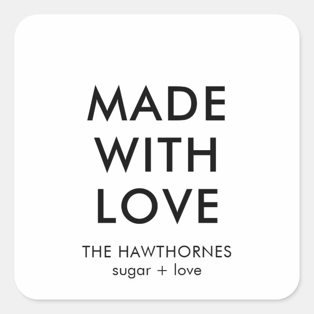 Personalised Modern Minimalist Made With Love Square Sticker (Front)