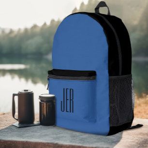 Personalised Modern Monogram Initials Black Blue Printed Backpack