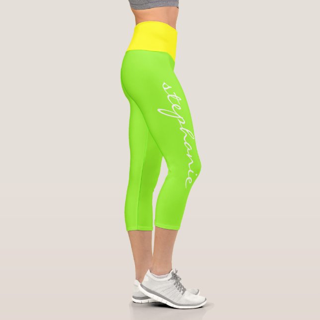 Personalised Modern Monogram Neon Yellow Green Capri Leggings (Right)
