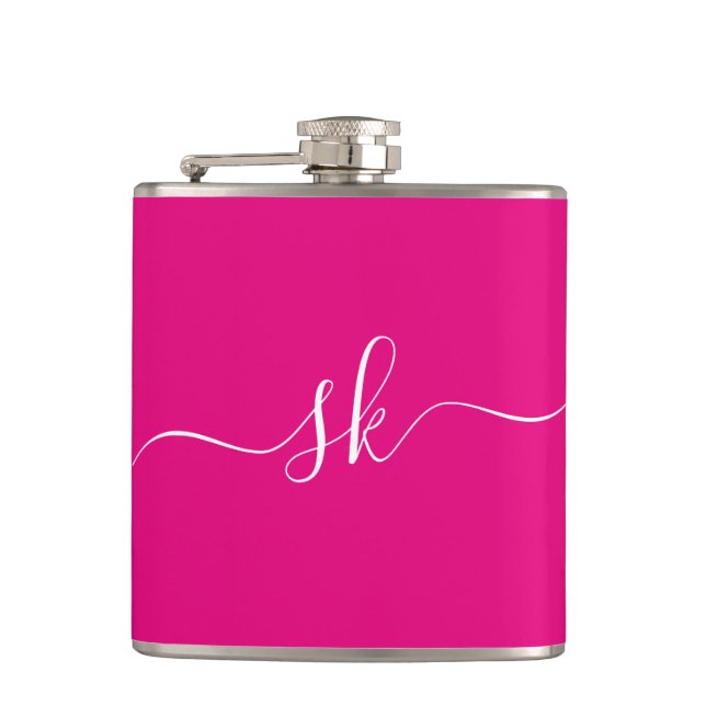 Personalised Modern Monogram Pink Bachelorette Hip Flask (Front)