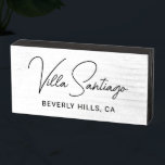 Personalised Modern Name of Home Residence Wooden Box Sign<br><div class="desc">Chic custom wooden tabletop sign features the name of your home residence in modern and chic black handwritten script lettering with simple all-caps location information. Personalise with the name of your home - Villa   Last Name or other preferred title - and the city and state location.</div>