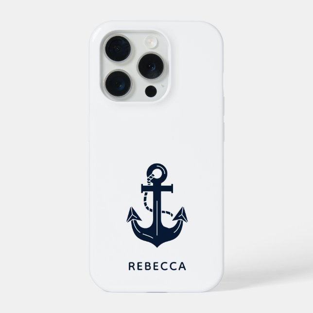 Personalised Modern Nautical Navy Blue Anchor iPhone Case (Back)