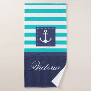 Personalised Modern Navy Blue Nautical Anchor Bath Towel