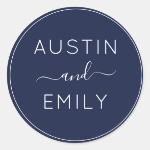 Personalised Modern Navy Blue Wedding Classic Round Sticker