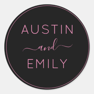 Personalised Modern Pink Black Wedding  Classic Round Sticker
