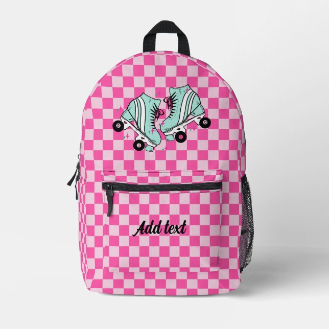 Personalised Modern Pink Chequered Roller Skate Printed Backpack (Front)