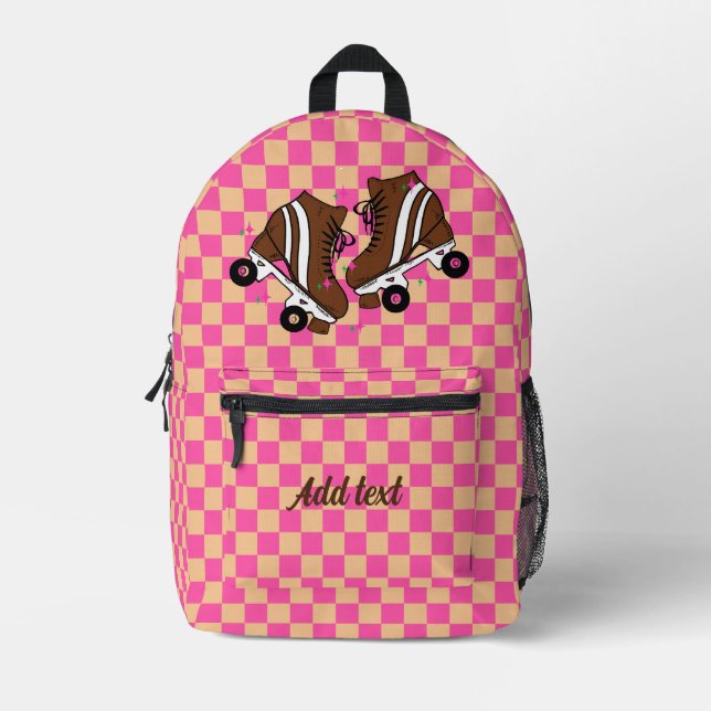 Personalised Modern Pink Chequered Roller Skate Printed Backpack (Front)