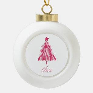 Personalised Modern Pink Christmas Tree Name Ceramic Ball Christmas Ornament