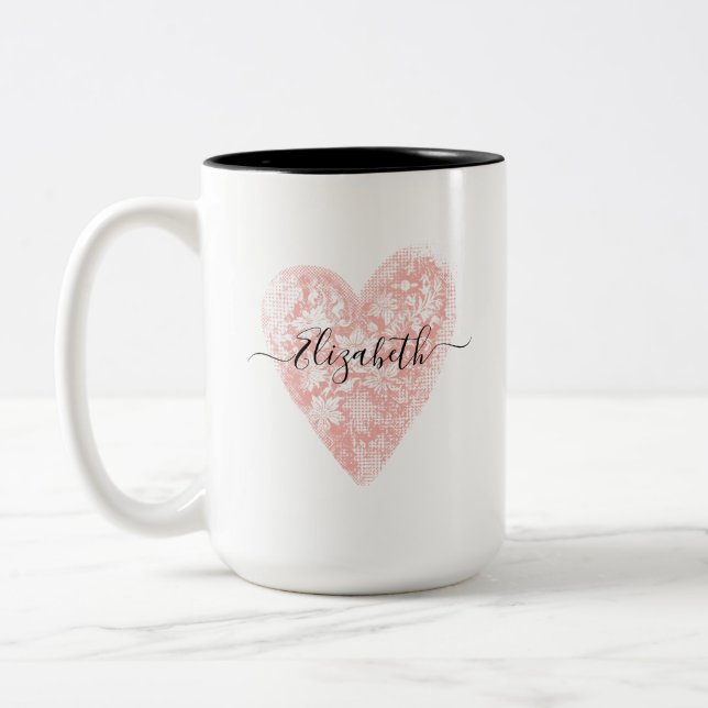 Personalised Modern Pink Heart Script Name Two-Tone Coffee Mug (Left)