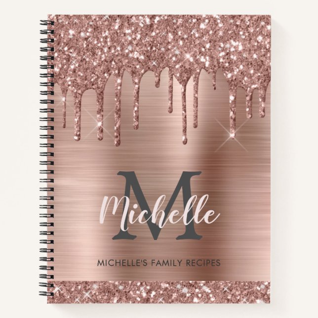 Personalised Modern Pink Rose Gold Glitter Drips  Notebook (Front)