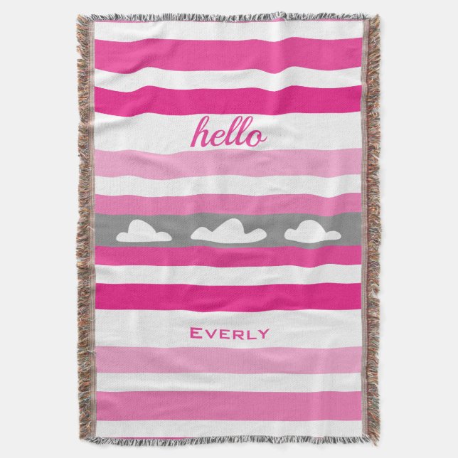 Personalised Modern Pink Striped Clouds Throw Blanket (Front Vertical)