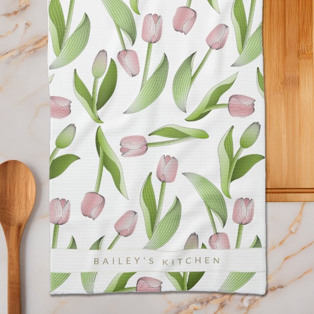 Personalised Modern Pink Tulip Tea Towel (Creator Uploaded)