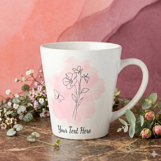 Personalised Modern Pink Watercolor Coffee Mug (Modern minimal style coffee mug with pink watercolor splash, line art, and a customizable text)