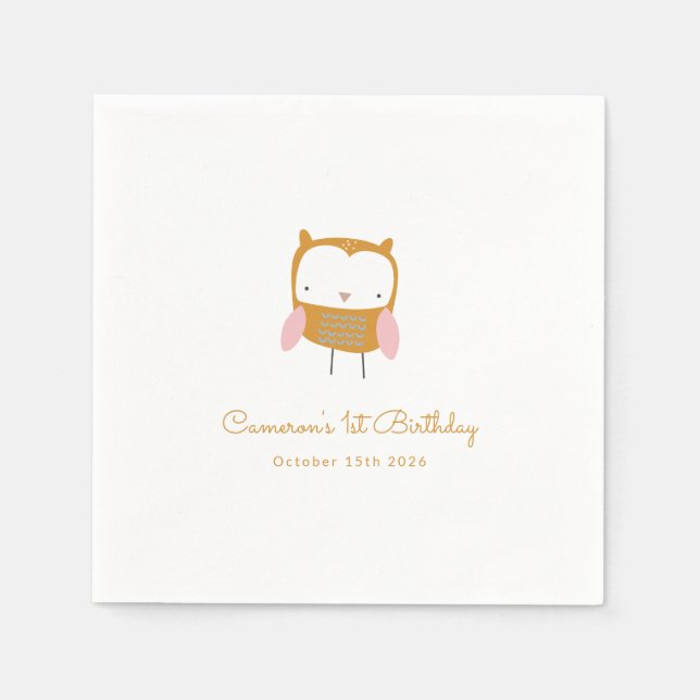 Personalised Modern Pink Yellow Owl 1st Birthday Napkin (Front)