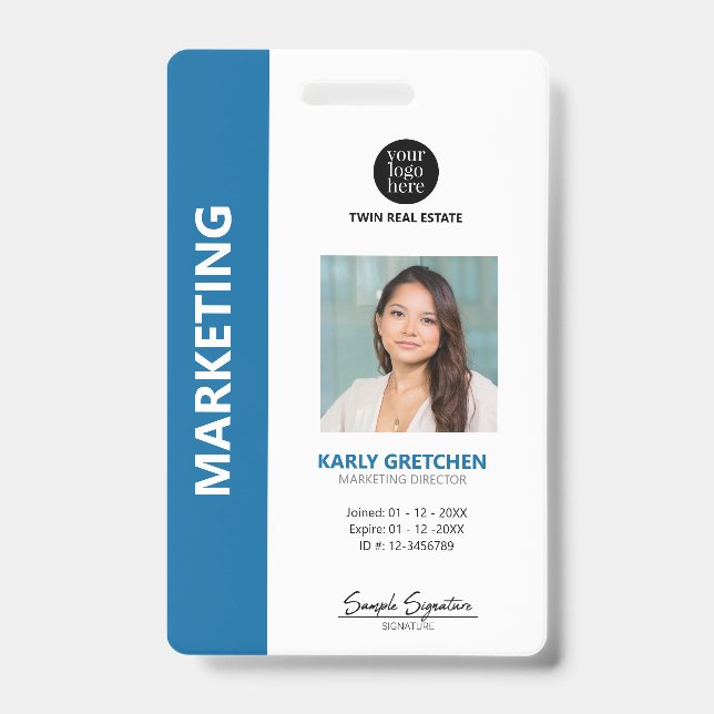 Personalised Modern Professional Employee ID Blue  Badge (Front)