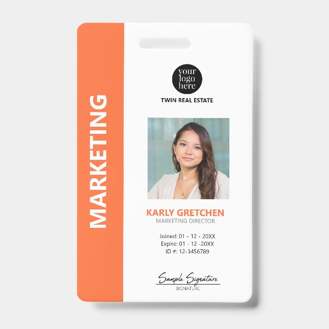 Personalised Modern Professional Employee Orange ID Badge (Front)