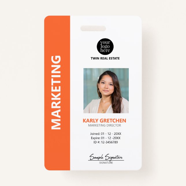 Personalised Modern Professional Employee Orange ID Badge (Front)