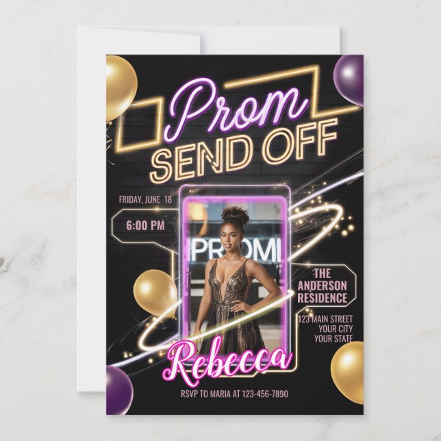 Personalised Modern Prom Send Off Black Pink Neon  Invitation (Front)