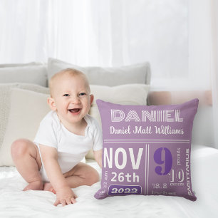 Personalised Modern Purple Birth Announcement Cushion