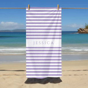 Personalised Modern Purple Striped Pattern Beach Towel