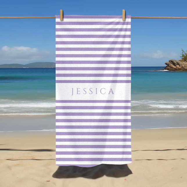 Personalised Modern Purple Striped Pattern Beach Towel (Personalized Modern Purple Striped Pattern Beach Towel)