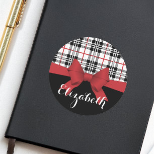 Personalised Modern Red Bow Ribbon Black Plaid Classic Round Sticker