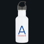 Personalised Modern Red White Blue Name Initial 532 Ml Water Bottle<br><div class="desc">Red, White, and Blue Personalised Name and Initial Letter Stainless Steel Water Bottle with a Custom Monogram in a trendy modern and minimal classic sans serif font for a simple but sophisticated and masculine look. Shown in red and blue on a white metallic water bottle, the text colours and fonts...</div>