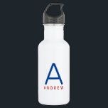 Personalised Modern Red White Blue Name Initial 532 Ml Water Bottle<br><div class="desc">Red, White, and Blue Personalised Name and Initial Letter Stainless Steel Water Bottle with a Custom Monogram in a trendy modern and minimal classic sans serif font for a simple but sophisticated and masculine look. Shown in red and blue on a white metallic water bottle, the text colours and fonts...</div>