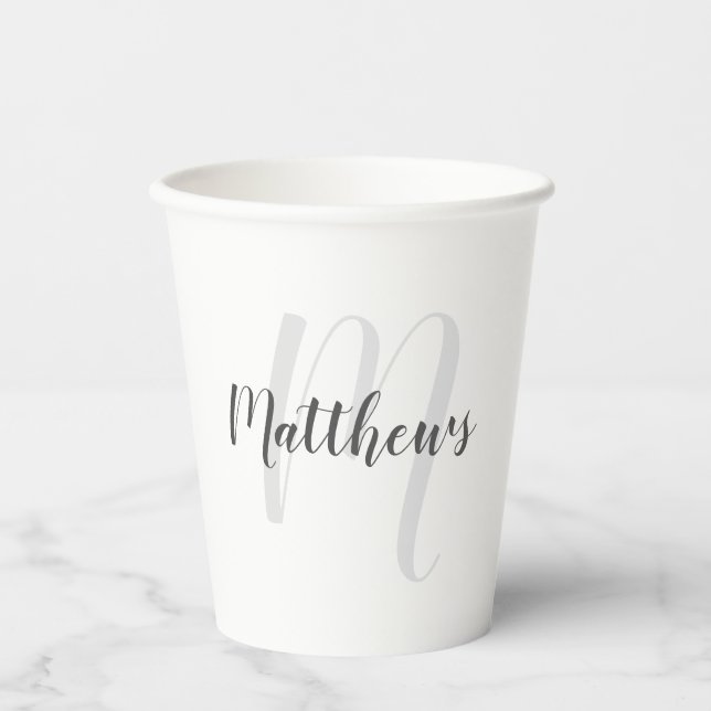 Personalised Modern Script Monogram and Name Paper Cups (Front)