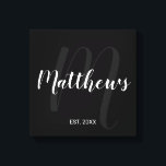 Personalised Modern Script Monogram & Family Name Canvas Print<br><div class="desc">Personalised Monogram and Family Name Gift featuring family name in white modern script font style and monogram in grey modern script font style as background with established year in white sans serif font style on black background. Perfect as gift for newlyweds, holiday gift for family, family reunion favours and gift...</div>