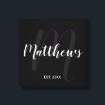 Personalised Modern Script Monogram & Family Name Canvas Print<br><div class="desc">Personalised Monogram and Family Name Gift featuring family name in white modern script font style and monogram in grey modern script font style as background with established year in white sans serif font style on black background. Perfect as gift for newlyweds, holiday gift for family, family reunion favours and gift...</div>