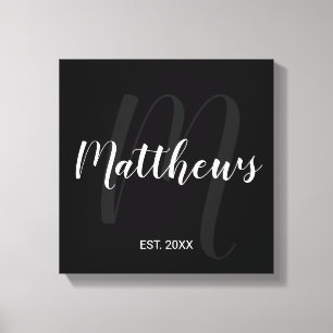 Personalised Modern Script Monogram & Family Name Canvas Print