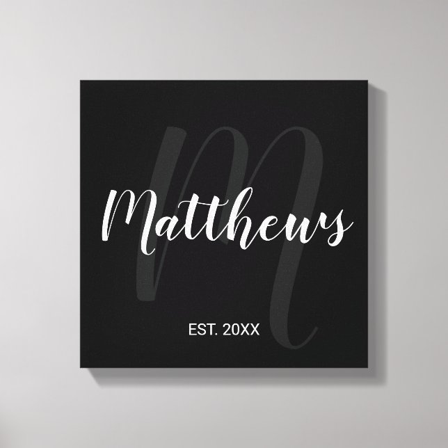 Personalised Modern Script Monogram & Family Name Canvas Print (Front)