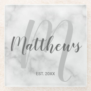Personalised Modern Script Monogram & Family Name Glass Coaster